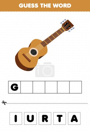 Illustration for Education game for children guess the word letters practicing cartoon music instrument guitar printable worksheet - Royalty Free Image
