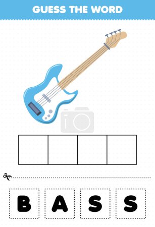 Illustration for Education game for children guess the word letters practicing cartoon music instrument bass printable worksheet - Royalty Free Image