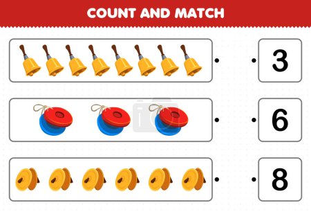Téléchargez les illustrations : Education game for children count and match count the number of cartoon music instrument bell castanet cymbals and match with the right numbers printable worksheet - en licence libre de droit