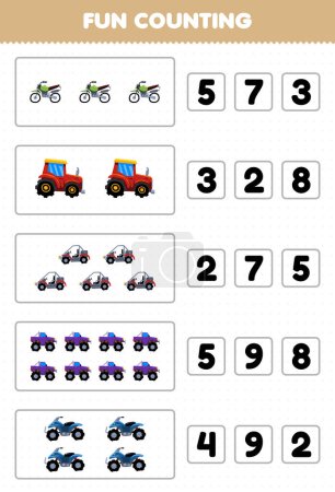 Téléchargez les illustrations : Education game for children fun counting and choosing the correct number of cartoon offroad transportation motocross tractor buggy car monster truck quad bike printable worksheet - en licence libre de droit