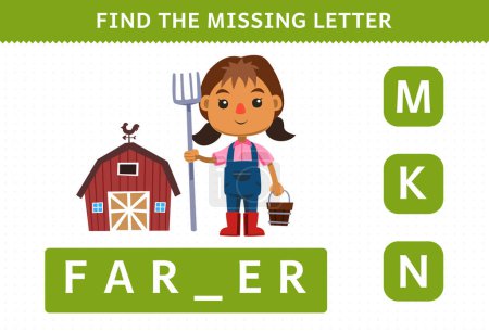 Ilustración de Education game for children find missing letter of cute cartoon profession farmer printable worksheet - Imagen libre de derechos