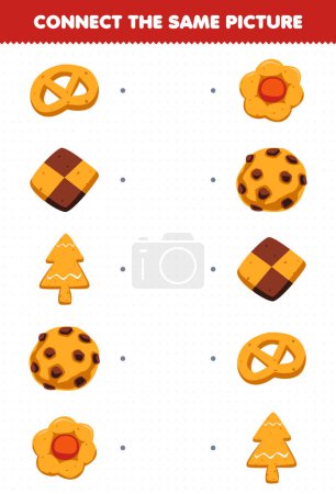 Education game for children connect the same picture of cartoon food cookie biscuit printable worksheet