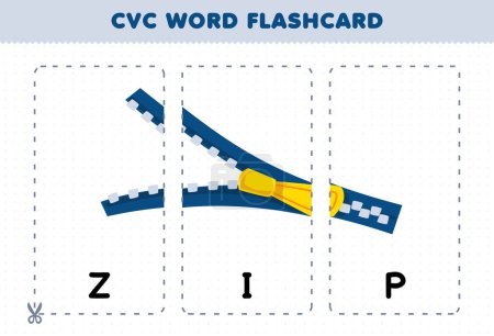 Ilustración de Education game for children learning consonant vowel consonant word with cute cartoon ZIP illustration printable flashcard - Imagen libre de derechos