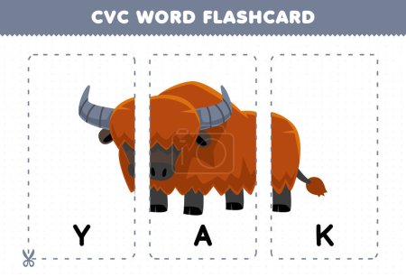 Education game for children learning consonant vowel consonant word with cute cartoon YAK illustration printable flashcard