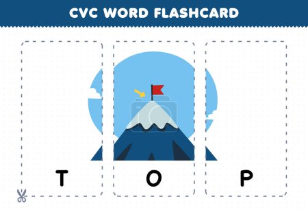 Illustration for Education game for children learning consonant vowel consonant word with cute cartoon TOP of mountain illustration printable flashcard - Royalty Free Image