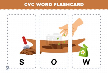 Ilustración de Education game for children learning consonant vowel consonant word with cute cartoon SOW flower seed illustration printable flashcard - Imagen libre de derechos