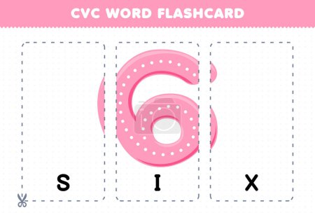 Ilustración de Education game for children learning consonant vowel consonant word with cute cartoon SIX number illustration printable flashcard - Imagen libre de derechos