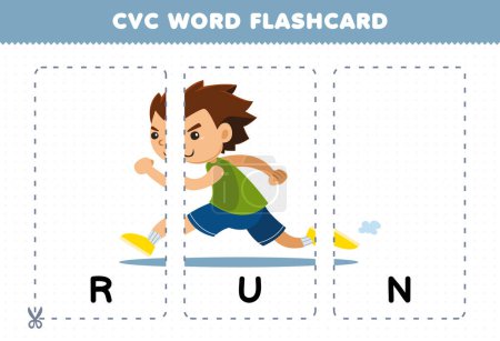 Ilustración de Education game for children learning consonant vowel consonant word with cute cartoon RUN illustration printable flashcard - Imagen libre de derechos