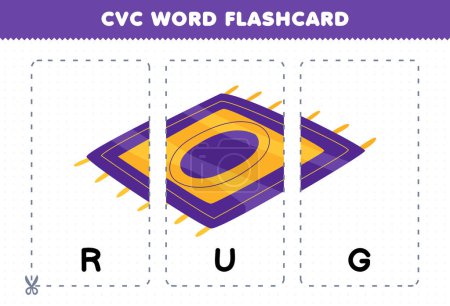 Ilustración de Education game for children learning consonant vowel consonant word with cute cartoon purple RUG illustration printable flashcard - Imagen libre de derechos