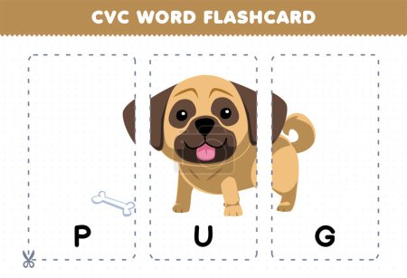 Ilustración de Education game for children learning consonant vowel consonant word with cute cartoon PUG dog illustration printable flashcard - Imagen libre de derechos