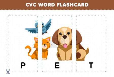 Education game for children learning consonant vowel consonant word with cute cartoon PET cat dog bird illustration printable flashcard