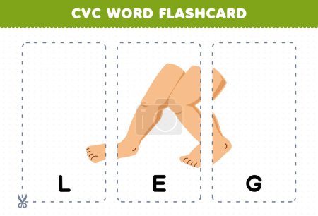 Education game for children learning consonant vowel consonant word with cute cartoon LEG illustration printable flashcard