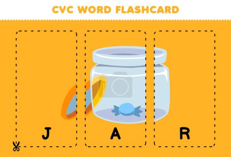 Ilustración de Education game for children learning consonant vowel consonant word with cute cartoon JAR illustration printable flashcard - Imagen libre de derechos