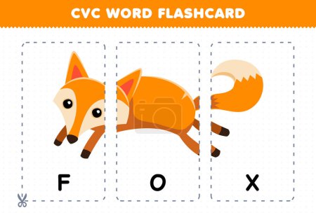 Education game for children learning consonant vowel consonant word with cute cartoon FOX illustration printable flashcard