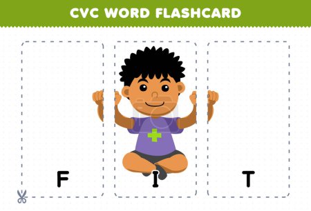 Ilustración de Education game for children learning consonant vowel consonant word with cute cartoon FIT body boy illustration printable flashcard - Imagen libre de derechos