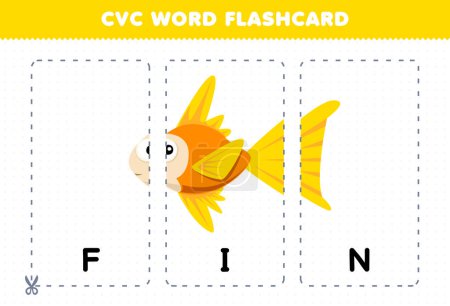 Ilustración de Education game for children learning consonant vowel consonant word with cute cartoon fish FIN illustration printable flashcard - Imagen libre de derechos