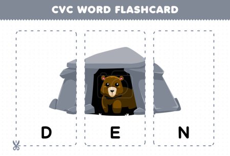 Ilustración de Education game for children learning consonant vowel consonant word with cute cartoon DEN illustration printable flashcard - Imagen libre de derechos