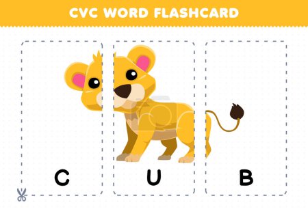 Ilustración de Education game for children learning consonant vowel consonant word with cute cartoon CUB lion illustration printable flashcard - Imagen libre de derechos