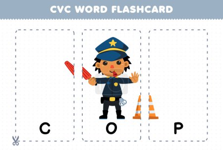Ilustración de Education game for children learning consonant vowel consonant word with cute cartoon COP police illustration printable flashcard - Imagen libre de derechos