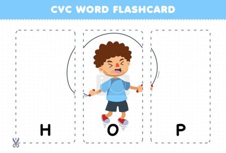 Ilustración de Education game for children learning consonant vowel consonant word with cute cartoon boy HOP with rope illustration printable flashcard - Imagen libre de derechos