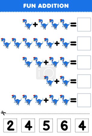 Illustration for Education game for children fun addition by cut and match correct number for cute cartoon prehistoric dinosaur oviraptor printable worksheet - Royalty Free Image
