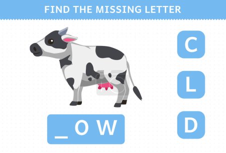 Ilustración de Education game for children find missing letter of cute cartoon cow printable farm worksheet - Imagen libre de derechos