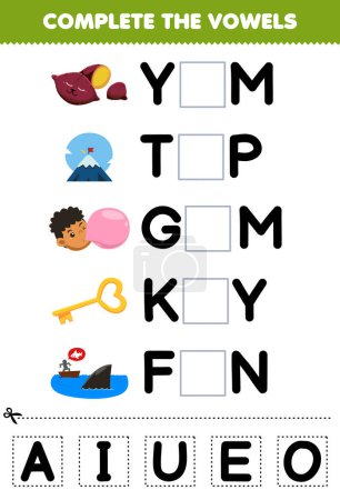Ilustración de Education game for children complete the vowels of cute cartoon yam top gum key fin illustration printable worksheet - Imagen libre de derechos