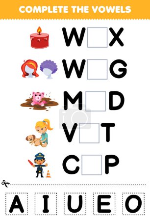 Illustration for Education game for children complete the vowels of cute cartoon wax wig mud vet cop illustration printable worksheet - Royalty Free Image