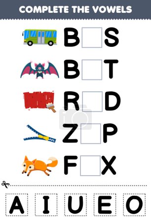 Ilustración de Education game for children complete the vowels of cute cartoon bus bat red zip fox illustration printable worksheet - Imagen libre de derechos