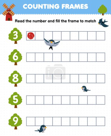 Illustration for Educational game for kids read the number and fill the frames of cute cartoon tree printable farm worksheet - Royalty Free Image