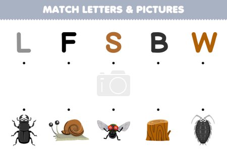 Ilustración de Education game for children match letters and pictures of cute cartoon beetle snail fly wood louse printable bug worksheet - Imagen libre de derechos