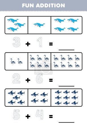 Illustration for Education game for children fun addition by counting and tracing the number of cute cartoon mosasaurus plesiosaurus megalodon printable prehistoric dinosaur worksheet - Royalty Free Image