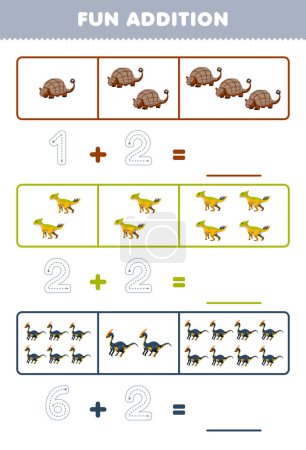 Illustration for Education game for children fun addition by counting and tracing the number of cute cartoon leptoceratops parasaurolophus printable prehistoric dinosaur worksheet - Royalty Free Image