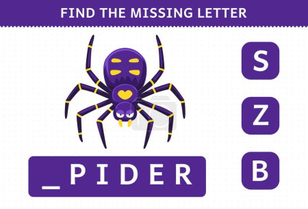 Ilustración de Education game for children find missing letter of cute cartoon spider printable bug worksheet - Imagen libre de derechos