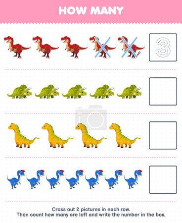 Illustration for Education game for children count how many cute cartoon tyrannosaurus triceratops isisaurus oviraptor and write the number in the box printable prehistoric dinosaur worksheet - Royalty Free Image