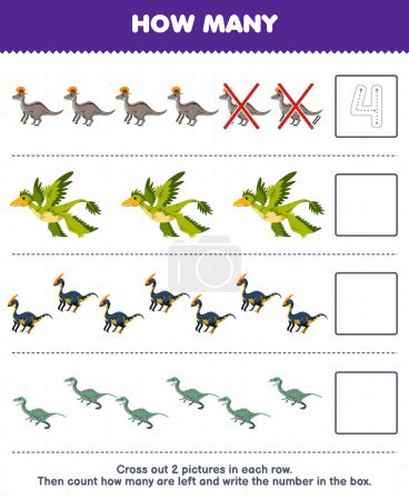Illustration for Education game for children count how many cute cartoon lambeosaurus microraptor parasaurlophus velociraptor and write the number in the box printable prehistoric dinosaur worksheet - Royalty Free Image