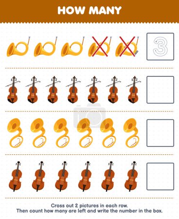 Ilustración de Education game for children count how many cartoon sousaphone violin horn cello and write the number in the box printable music instrument worksheet - Imagen libre de derechos