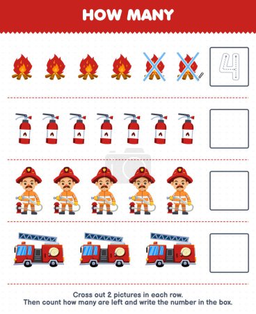 Téléchargez les illustrations : Education game for children count how many cute cartoon fire extinguisher firefighter firetruck and write the number in the box printable profession worksheet - en licence libre de droit