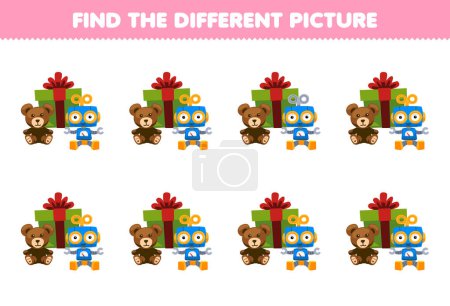 Illustration for Education game for children find the different picture of cute cartoon gift box teddy bear and robot toy printable winter worksheet - Royalty Free Image