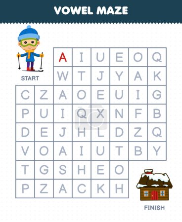 Ilustración de Education game for children vowel maze help cute cartoon boy playing ski move to house printable winter worksheet - Imagen libre de derechos