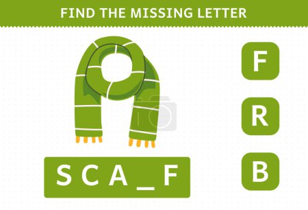 Ilustración de Education game for children find missing letter of cute cartoon scarf printable winter worksheet - Imagen libre de derechos