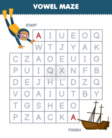Ilustración de Education game for children vowel maze help cute cartoon diver move to wrecked ship printable underwater worksheet - Imagen libre de derechos