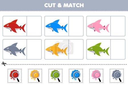 Téléchargez les illustrations : Education game for children cut and match the same color of cute cartoon shark printable underwater worksheet - en licence libre de droit