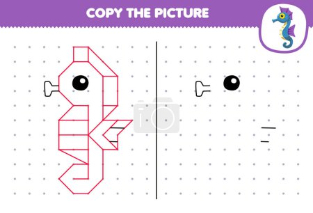 Education game for children copy cute cartoon seahorse picture by connecting the dot printable underwater worksheet