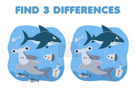 Illustration for Education game for children find three differences between two cute cartoon hammer shark and sunfish printable underwater worksheet - Royalty Free Image