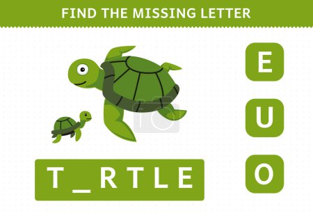Ilustración de Education game for children find the missing letter of cute cartoon turtle printable underwater worksheet - Imagen libre de derechos