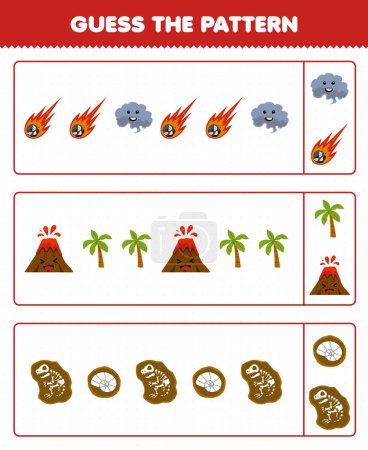 Ilustración de Education game for children guess the pattern each row from cute cartoon meteor smoke volcano tree fossil printable nature worksheet - Imagen libre de derechos