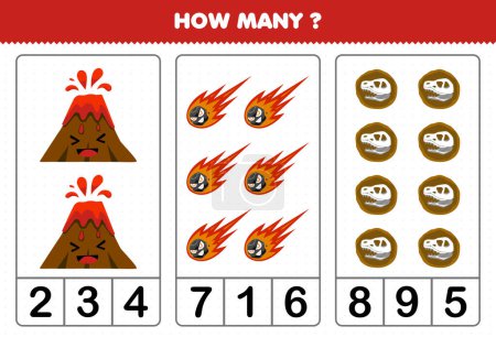 Ilustración de Education game for children counting how many cute cartoon volcano meteor fossil printable nature worksheet - Imagen libre de derechos