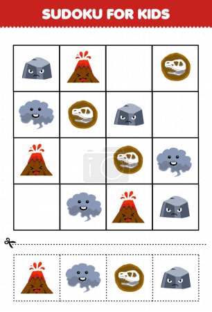 Ilustración de Education game for children sudoku for kids with cute cartoon volcano smoke fossil stone printable nature worksheet - Imagen libre de derechos