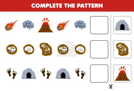 Ilustración de Education game for children cut and complete the pattern of each row from a cute cartoon meteor smoke volcano fossil footprint cave worksheet - Imagen libre de derechos